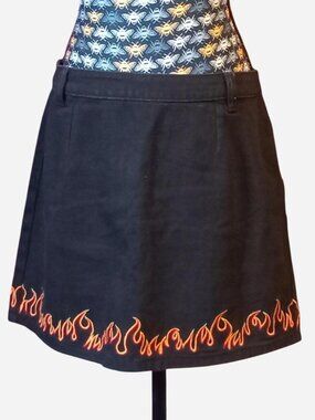 Black Material Girl denim mini skirt with embroidered orange flames